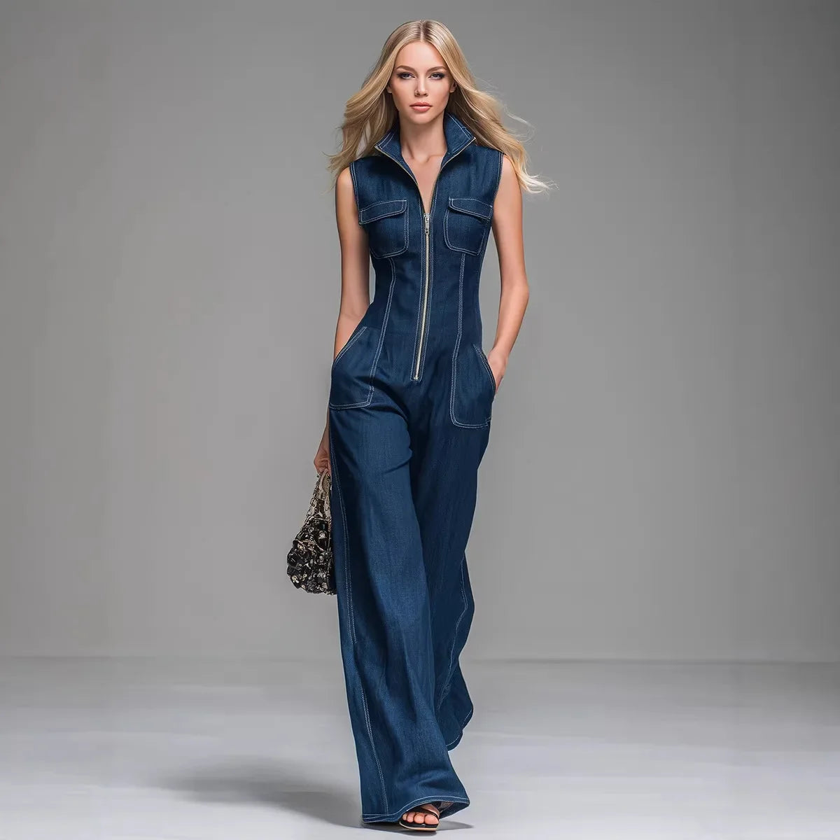 Back view of a woman enjoying a sunny day in the stylish Lila wide-leg denim overalls.