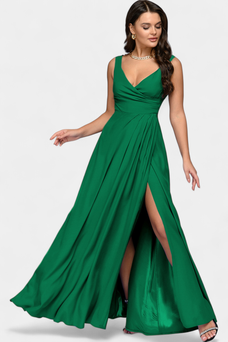 Full-length shot of the burgundy Lila Draped Maxi Dress, illustrating its flattering A-line fit.