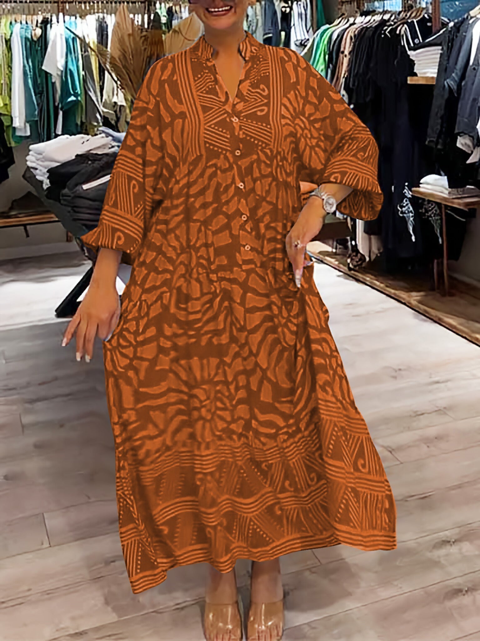 Lifestyle shot of a woman lounging in the Lila boho maxi dress, illustrating its comfort and versatility.