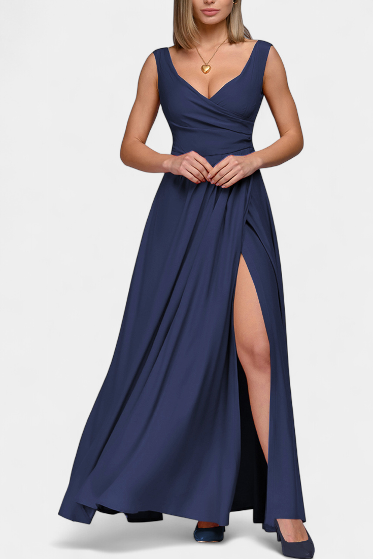 Three-quarter view of the blue Lila Draped Maxi Dress, perfect for a wedding guest or formal event.