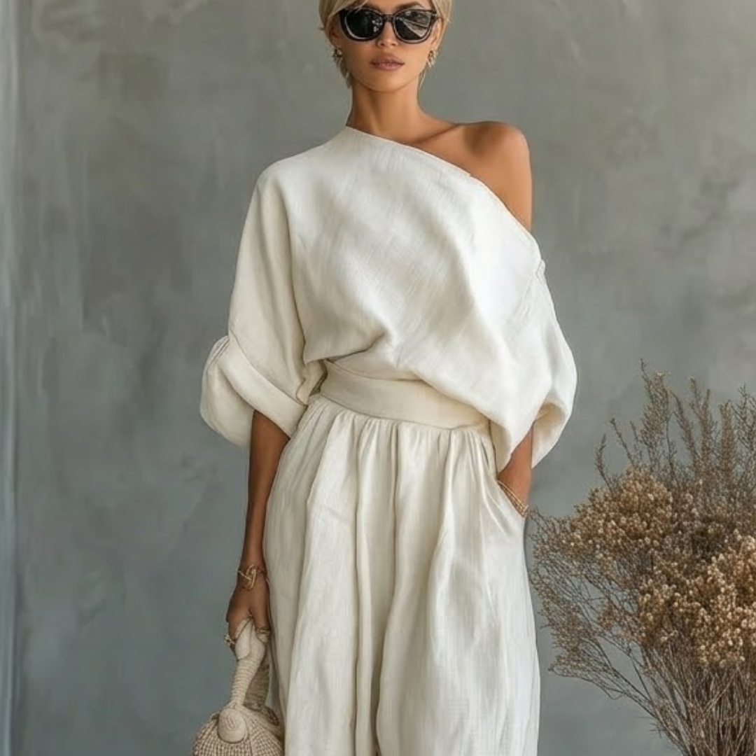 Close-up detail of the breathable fabric and unique one-shoulder design on the white summer outfit.
