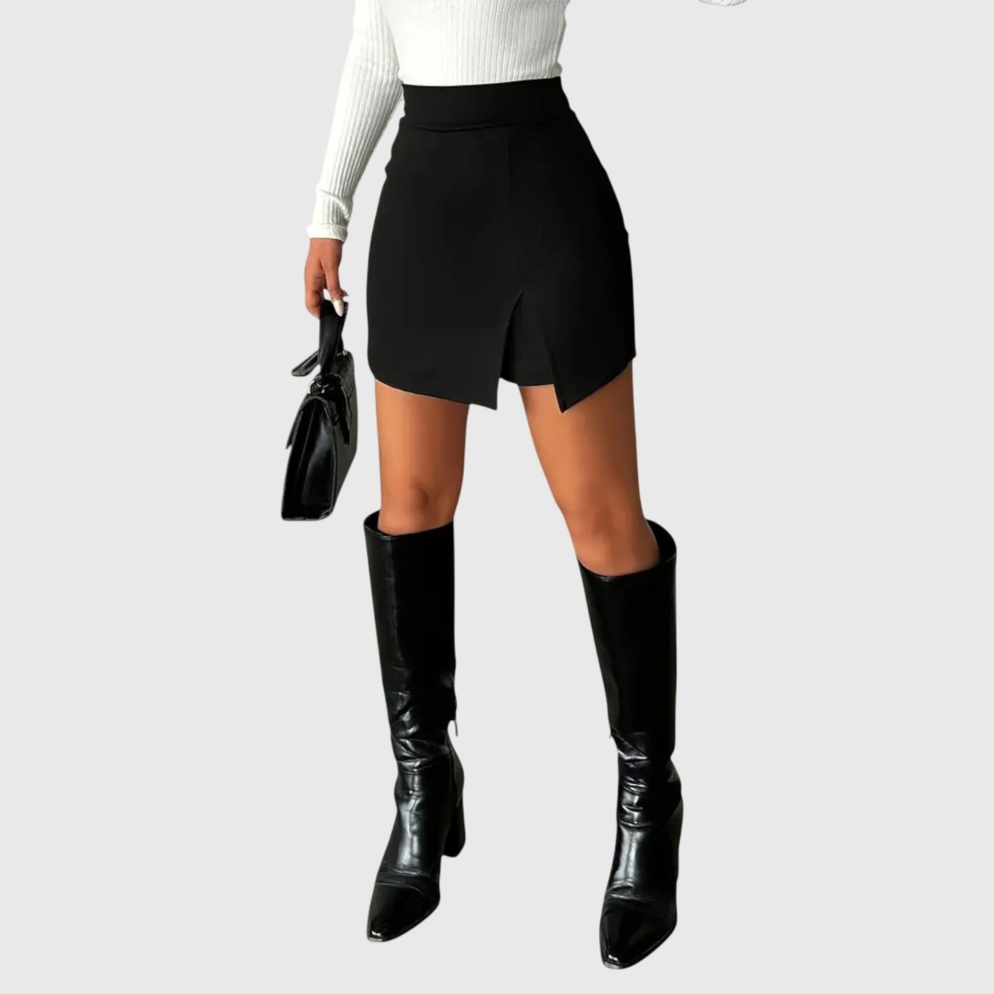 Front view of the black Luna structured mini skirt, showcasing its high-waisted fit and subtle leg slit.
