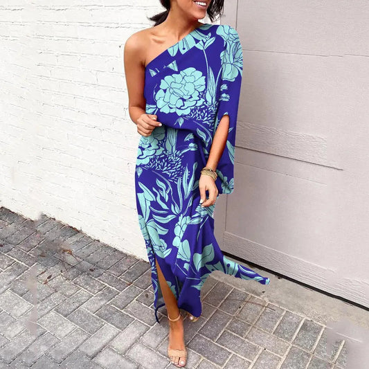 Front view of the Lumi floral one-shoulder dress, showcasing its vibrant pattern and elegant drape.