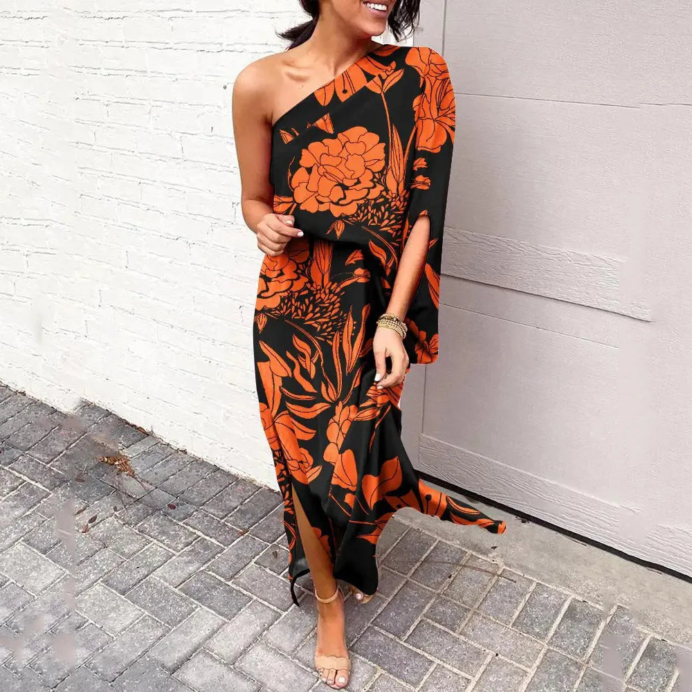 Side profile of a model wearing the Lumi dress, highlighting the unique one-shoulder detail and flowy skirt.