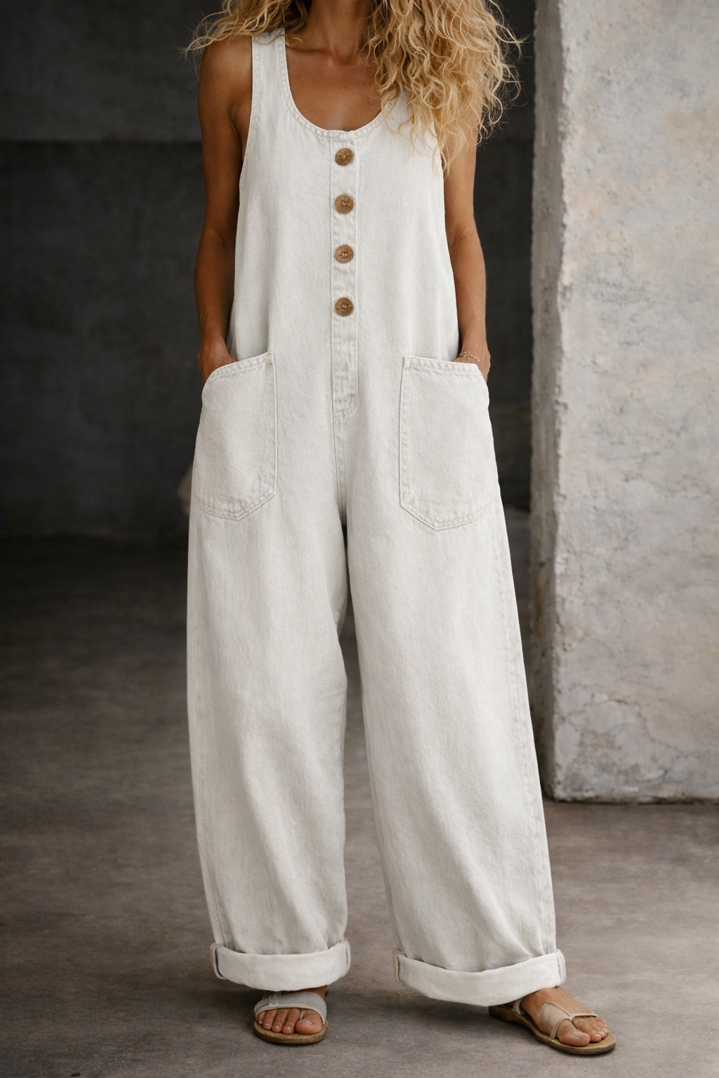Close-up detail of the square neckline and fabric texture of the comfortable summer jumpsuit.