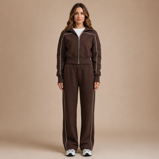 Front view of a woman wearing the brown comfy athletic set, showcasing the zip-up top and straight-cut pants.