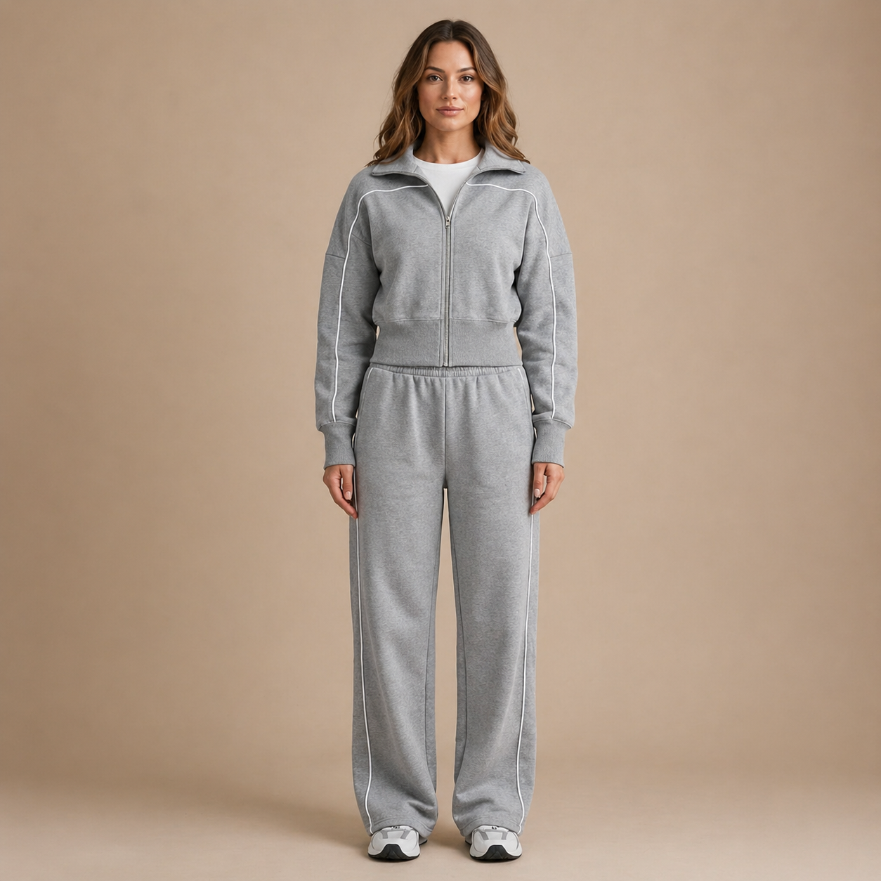 Side profile of a woman in the gray comfy athletic set, highlighting the relaxed fit and high collar.