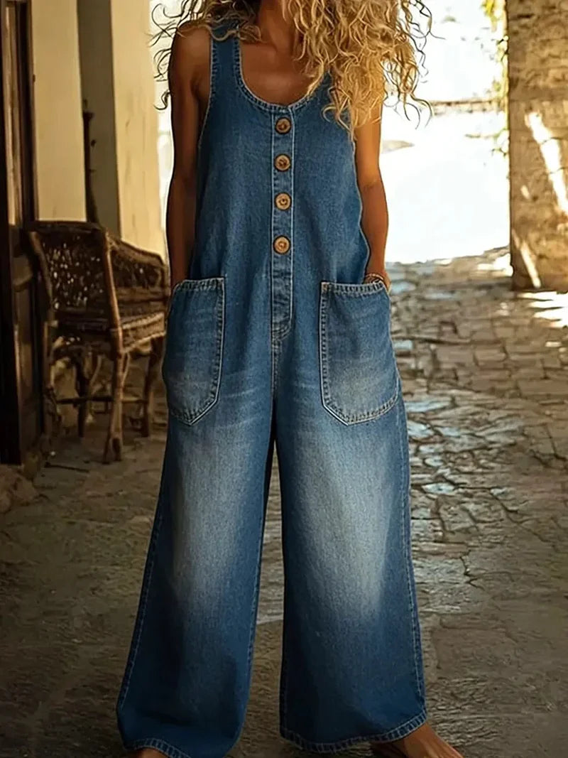 Close-up of the front bib and pocket details of the Margot vintage-inspired dungarees in light blue.