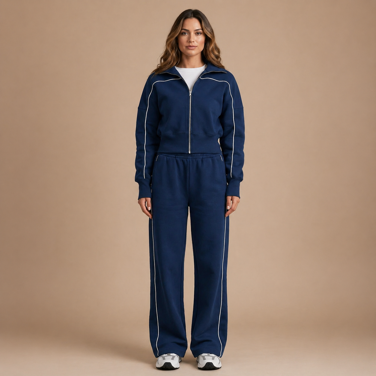 Close-up detail of the fabric texture and subtle shoulder seam on the blue comfy athletic set top.