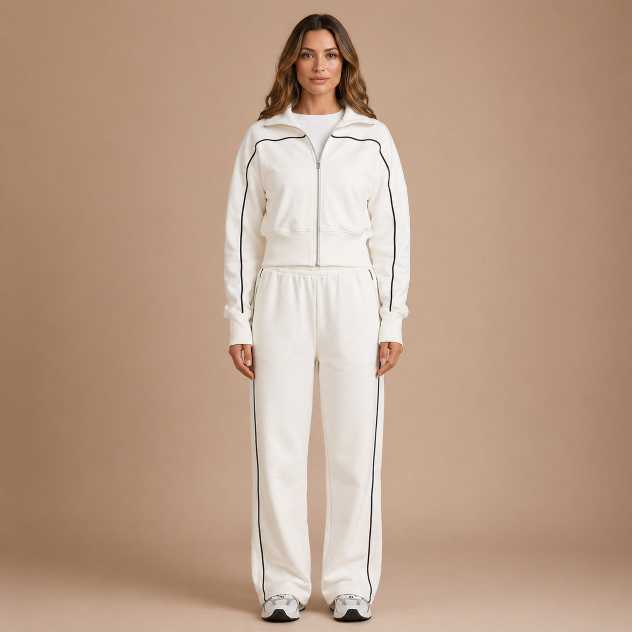 Woman sitting comfortably in the white athletic set, demonstrating its flexibility and ease of movement.