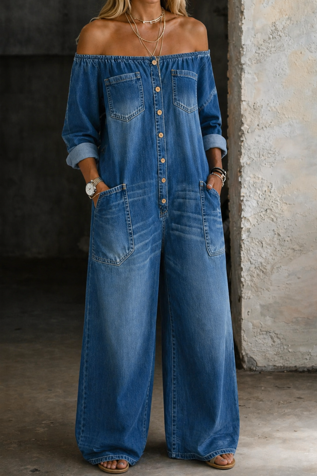 Front view of the Marlowe off-shoulder jumpsuit in classic black, showcasing its wide-leg silhouette and relaxed fit.