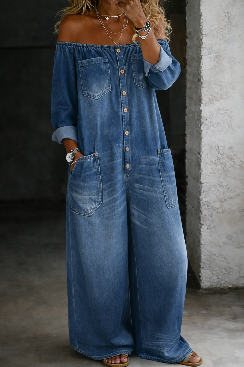 Side profile of a model wearing the comfortable off-shoulder jumpsuit, highlighting the elegant drape of the fabric.