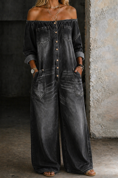 Lifestyle shot of a woman enjoying a casual day out while wearing the chic off-shoulder jumpsuit, perfectly styled.
