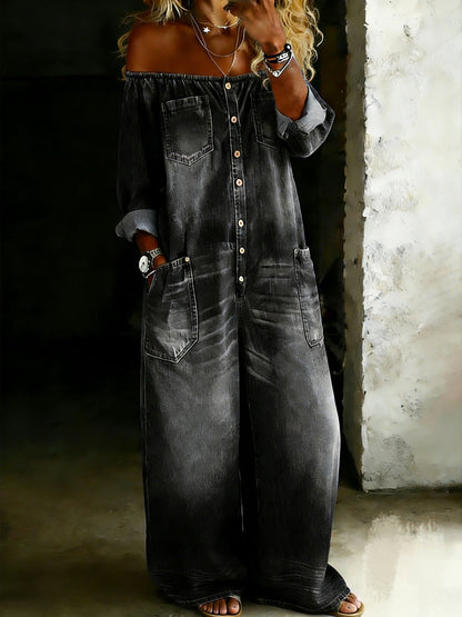 Detail of the practical side pocket on the Marlowe off-shoulder jumpsuit, ideal for carrying small essentials.
