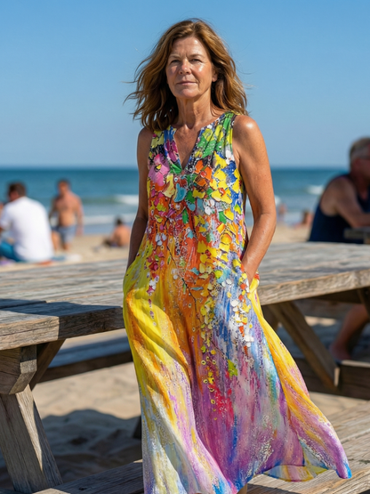 Front view of the Callisto open air maxi dress in a vibrant multicolor print, showcasing its relaxed fit.
