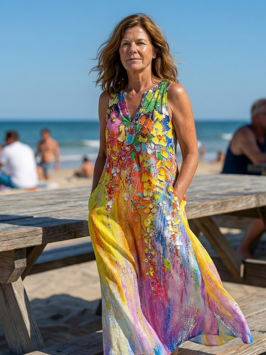 Front view of the Callisto open air maxi dress in a vibrant multicolor print, showcasing its relaxed fit.