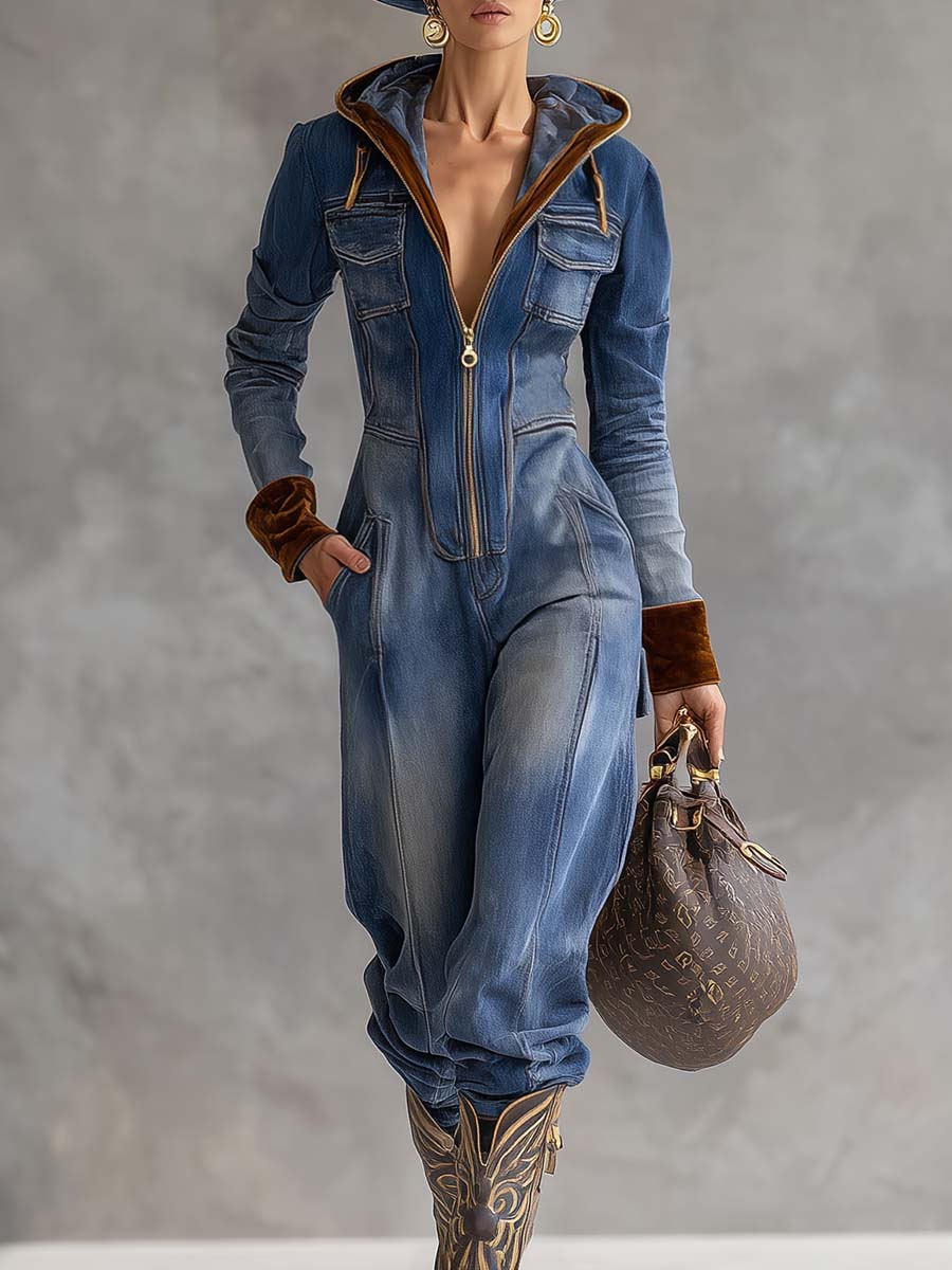 Front view of a woman wearing the blue Mirella comfortable hooded jumpsuit, styled casually with sneakers.