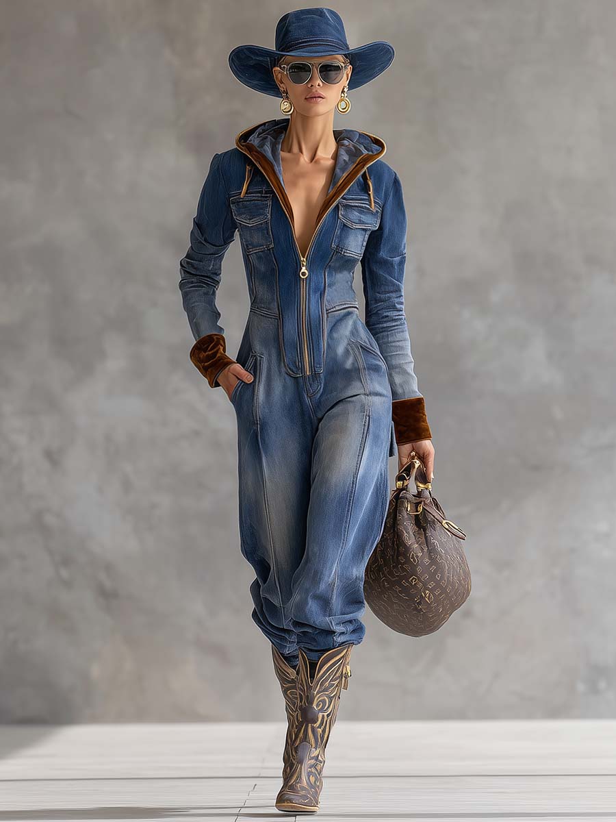 Close-up detail of the full front zipper and hooded design on the comfortable hooded jumpsuit.