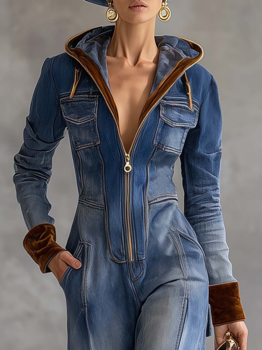 Side profile of a woman showcasing the relaxed fit and long sleeves of the blue Mirella comfortable hooded jumpsuit.