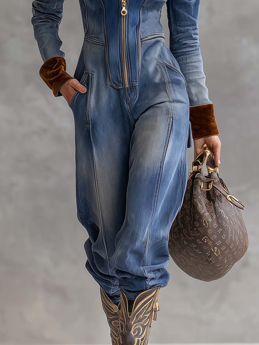 Back view of the woman in the Mirella comfortable hooded jumpsuit, highlighting its comfortable silhouette.