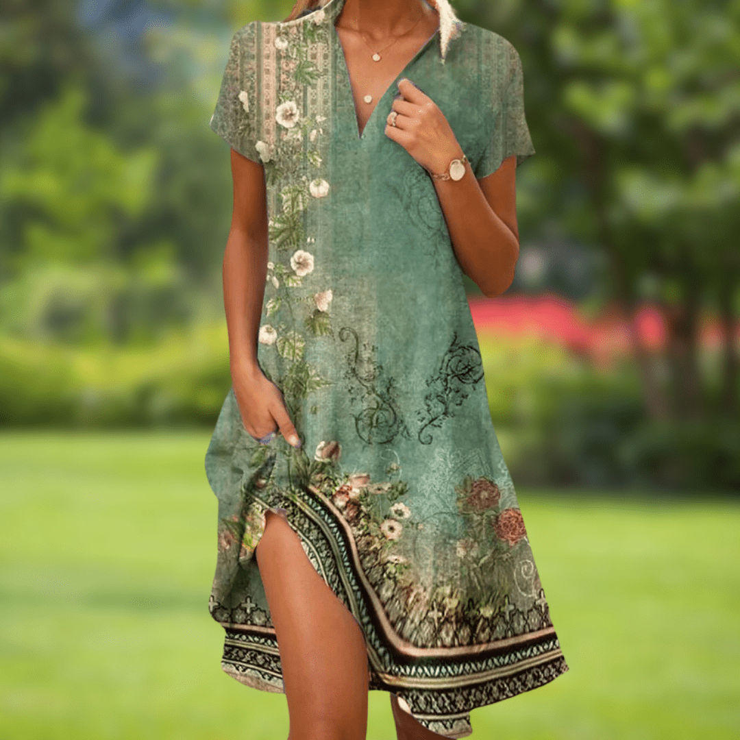 Side profile of the relaxed fit floral summer dress, showing its comfortable drape and ankle-length hem.