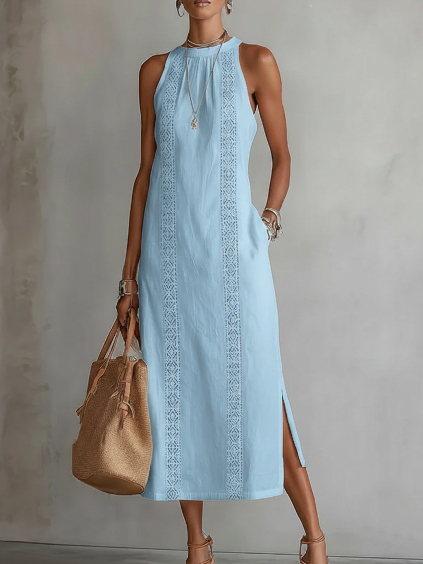 Detail of the breathable cotton-linen blend fabric texture of the green Marlowe linen midi dress.