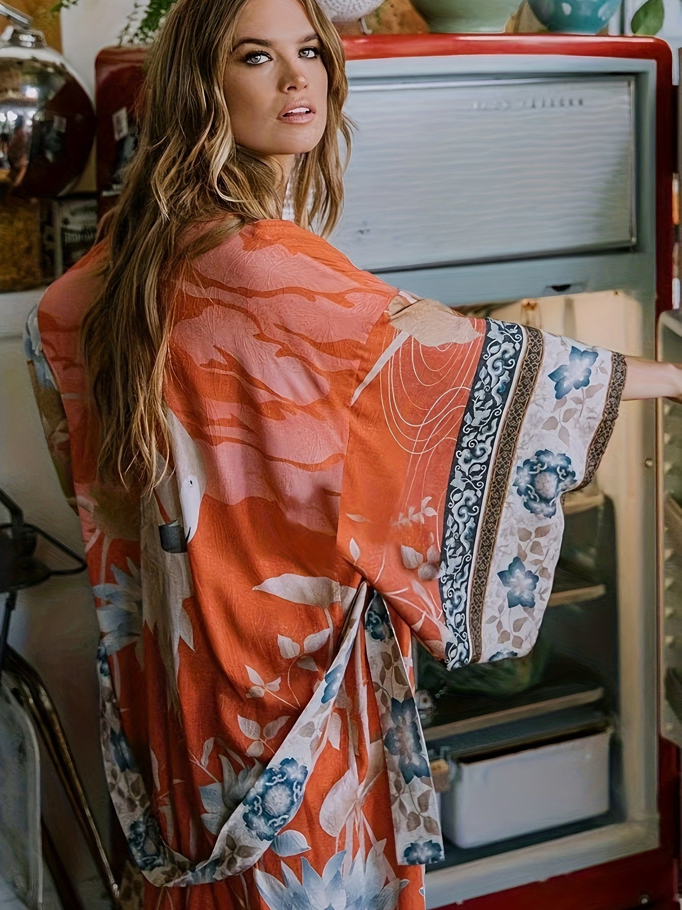 Close-up detail of the vibrant red and orange floral print on the lightweight kimono fabric.