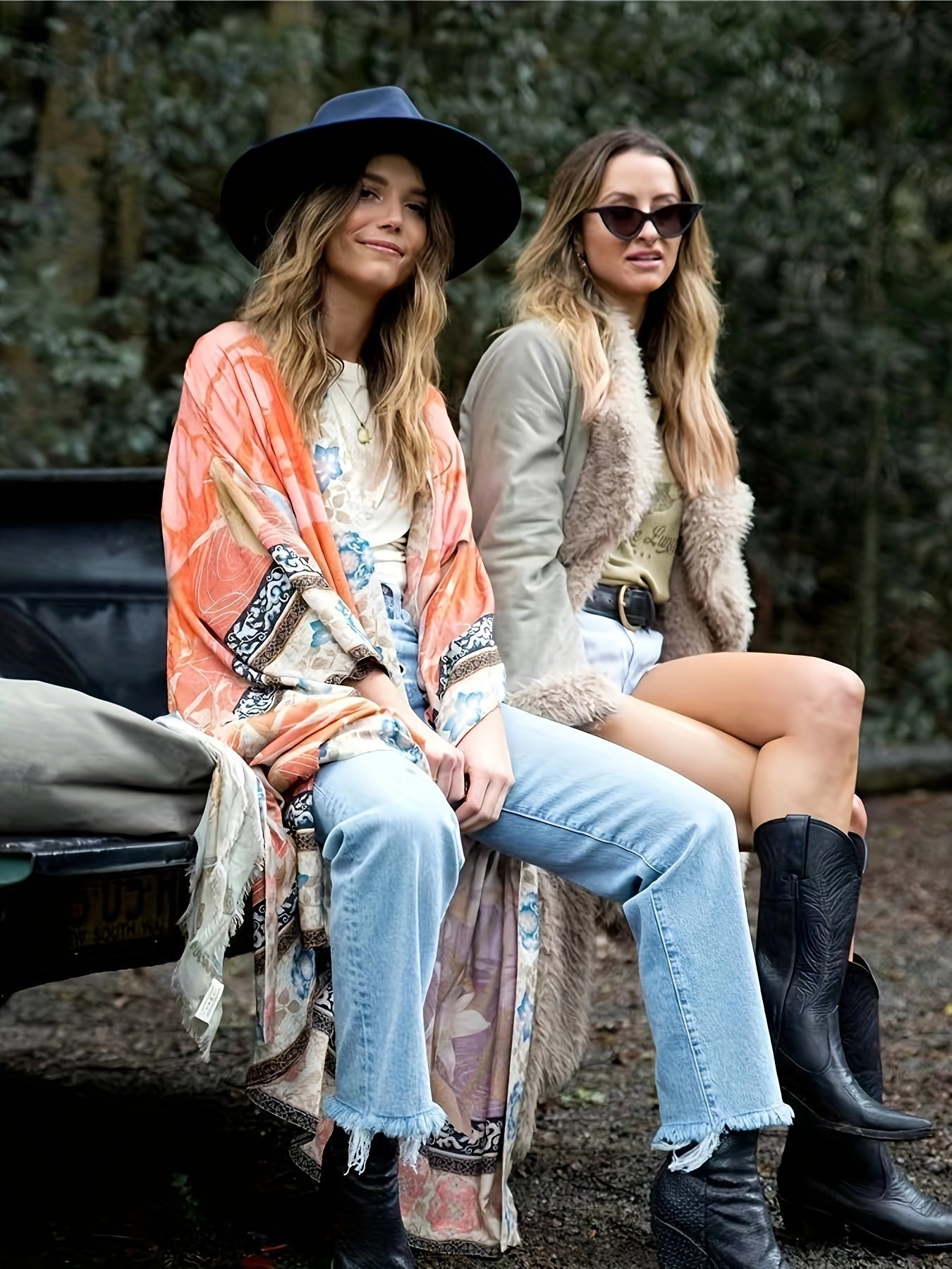 Side profile of the woman showcasing the elegant drape and batwing sleeves of the flowy floral kimono.