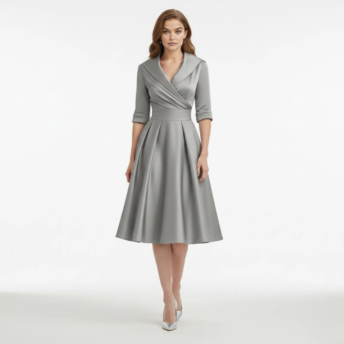 Detail of the V-neckline of the Seraphina wrap midi dress, highlighting its unique tailored character.