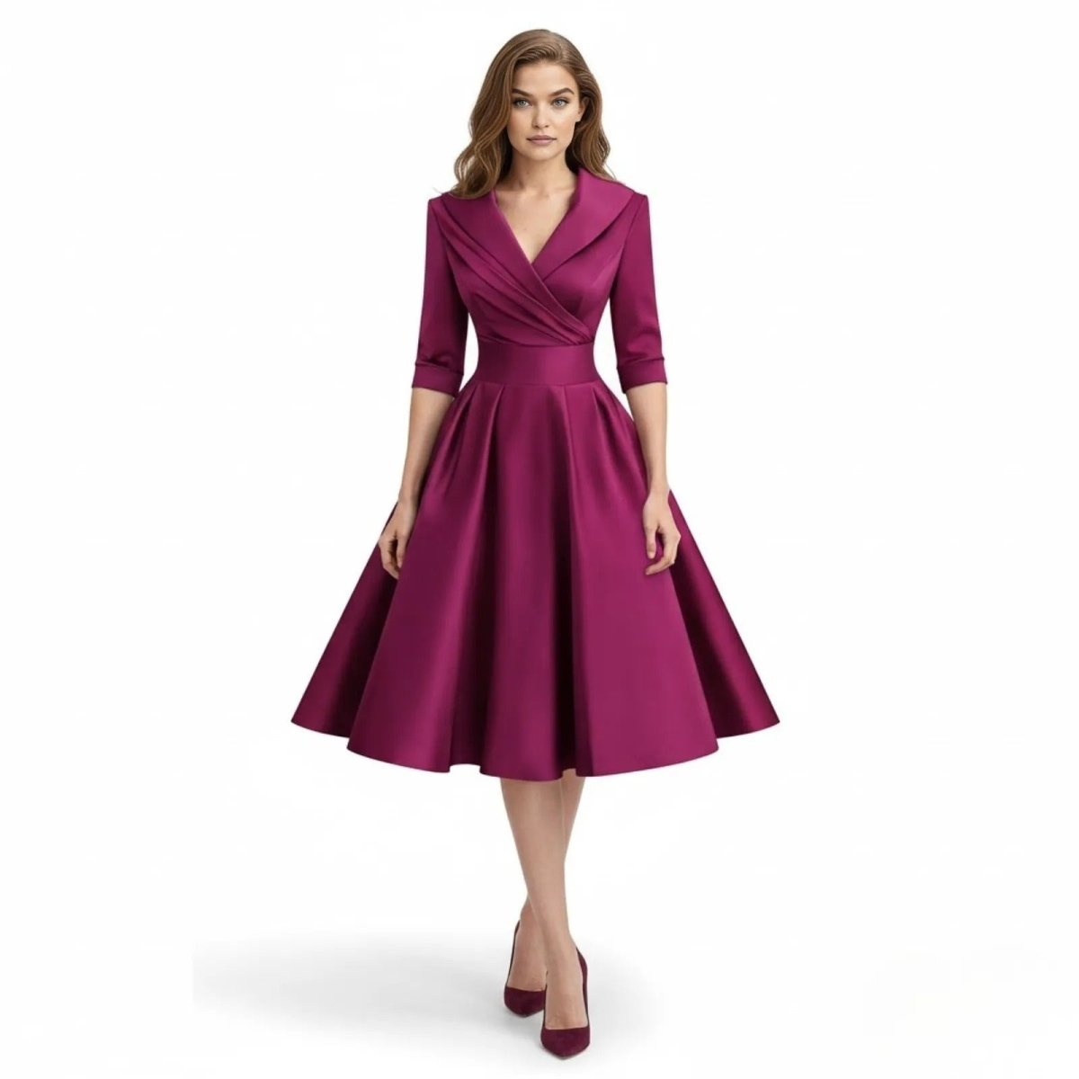 Close-up of the hemline of the Seraphina wrap midi dress, showing it falls just below the knee.
