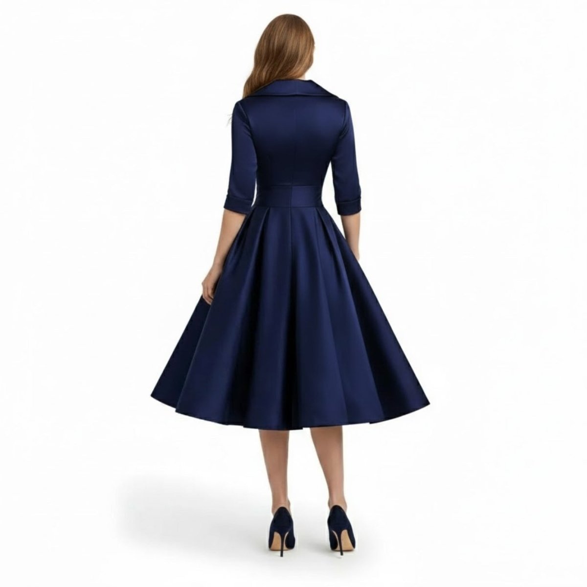 Close-up of the broad lapels and wrap bodice details on the sophisticated Seraphina wrap midi dress.
