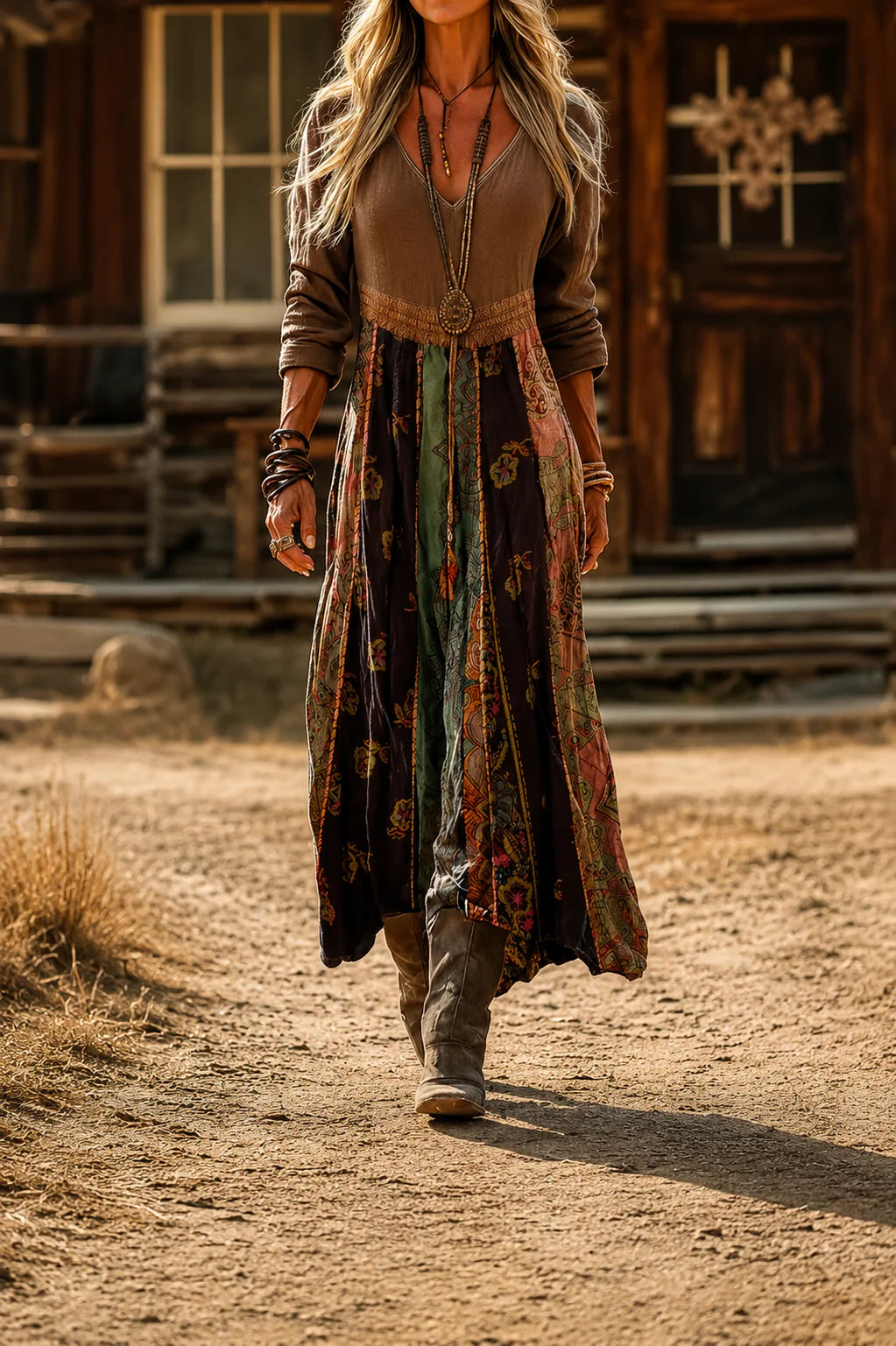 Back view of the vintage bohemian maxi dress, showing the elegant drape of the fabric.