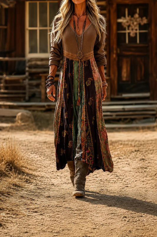 Back view of the vintage bohemian maxi dress, showing the elegant drape of the fabric.