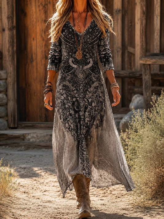 A model twirling in the olive brown Seraphina vintage bohemian maxi dress, demonstrating its comfortable flow.