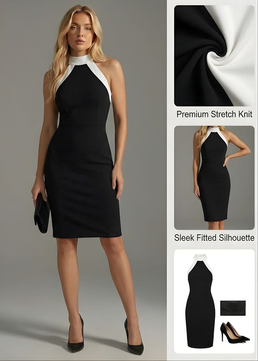 Front view of a woman confidently posing in the black and white Zarae halter neck midi dress.