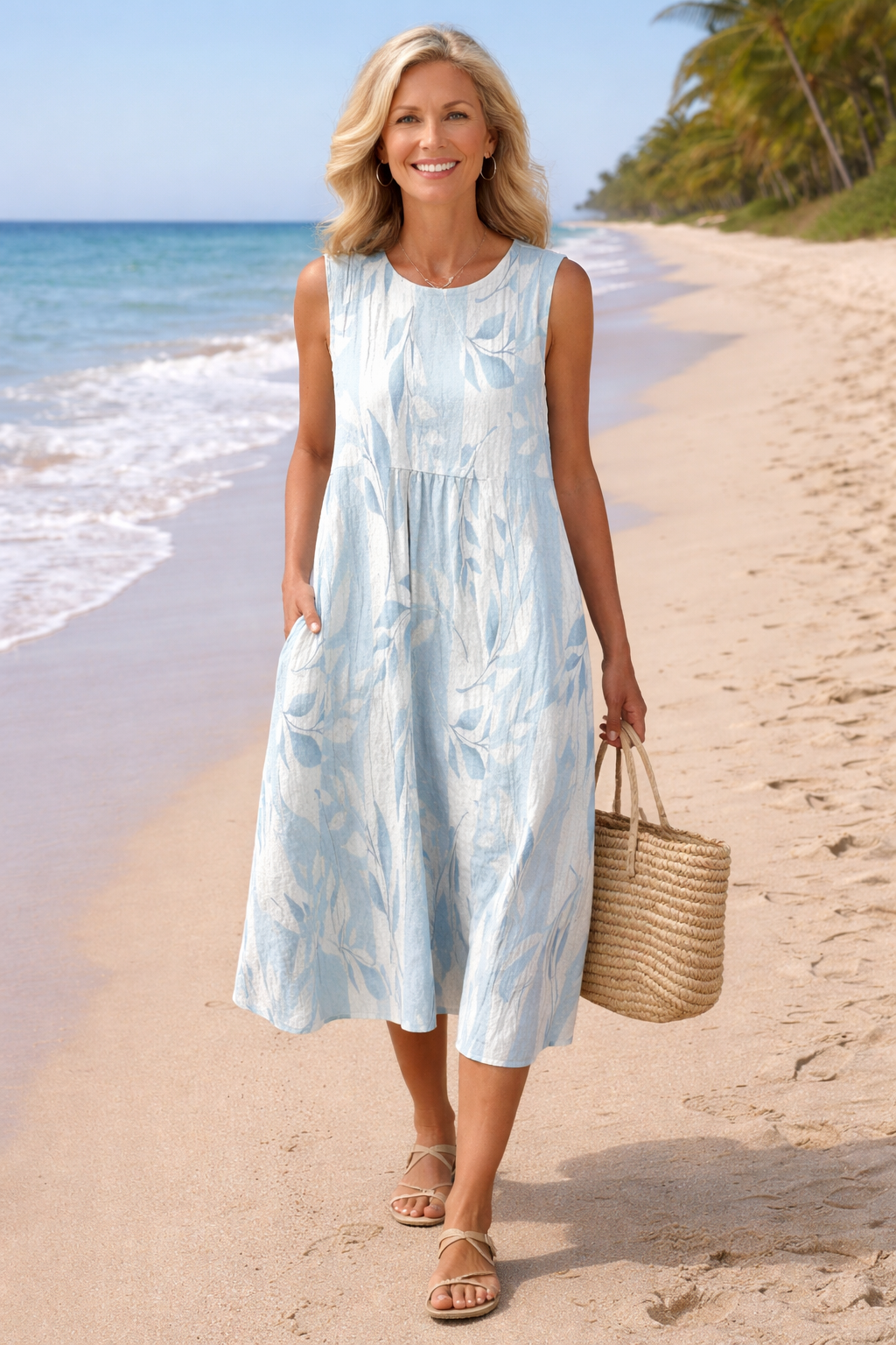 Front view of a woman wearing a vibrant, sleeveless breezy summer midi dress, showcasing its flowing silhouette and comfortable fit.