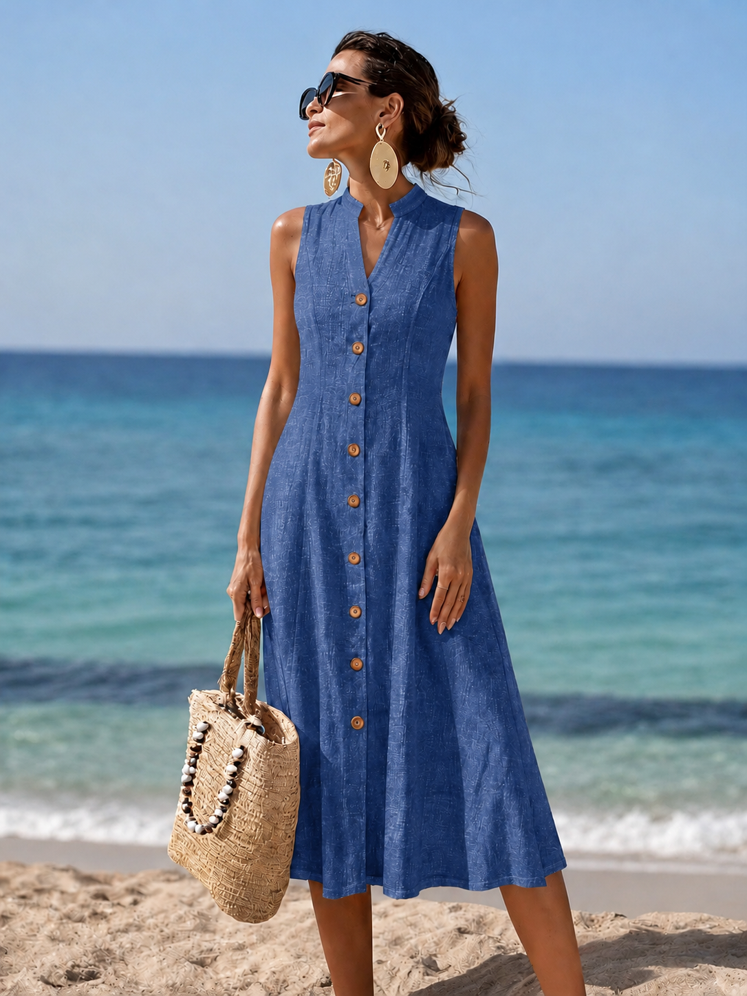Woman happily twirling in the red flowy maxi dress on a sunny beach, emphasizing comfort and freedom of movement.