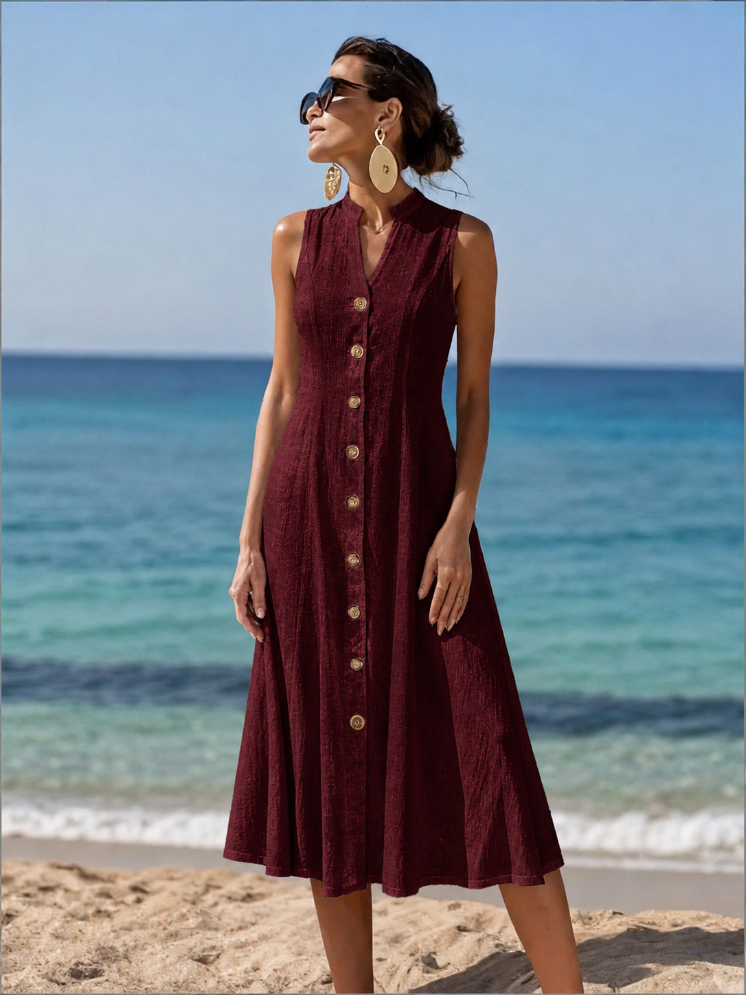 Lifestyle shot of the woman enjoying a casual outdoor setting in the beige flowy maxi dress, perfect for summer.