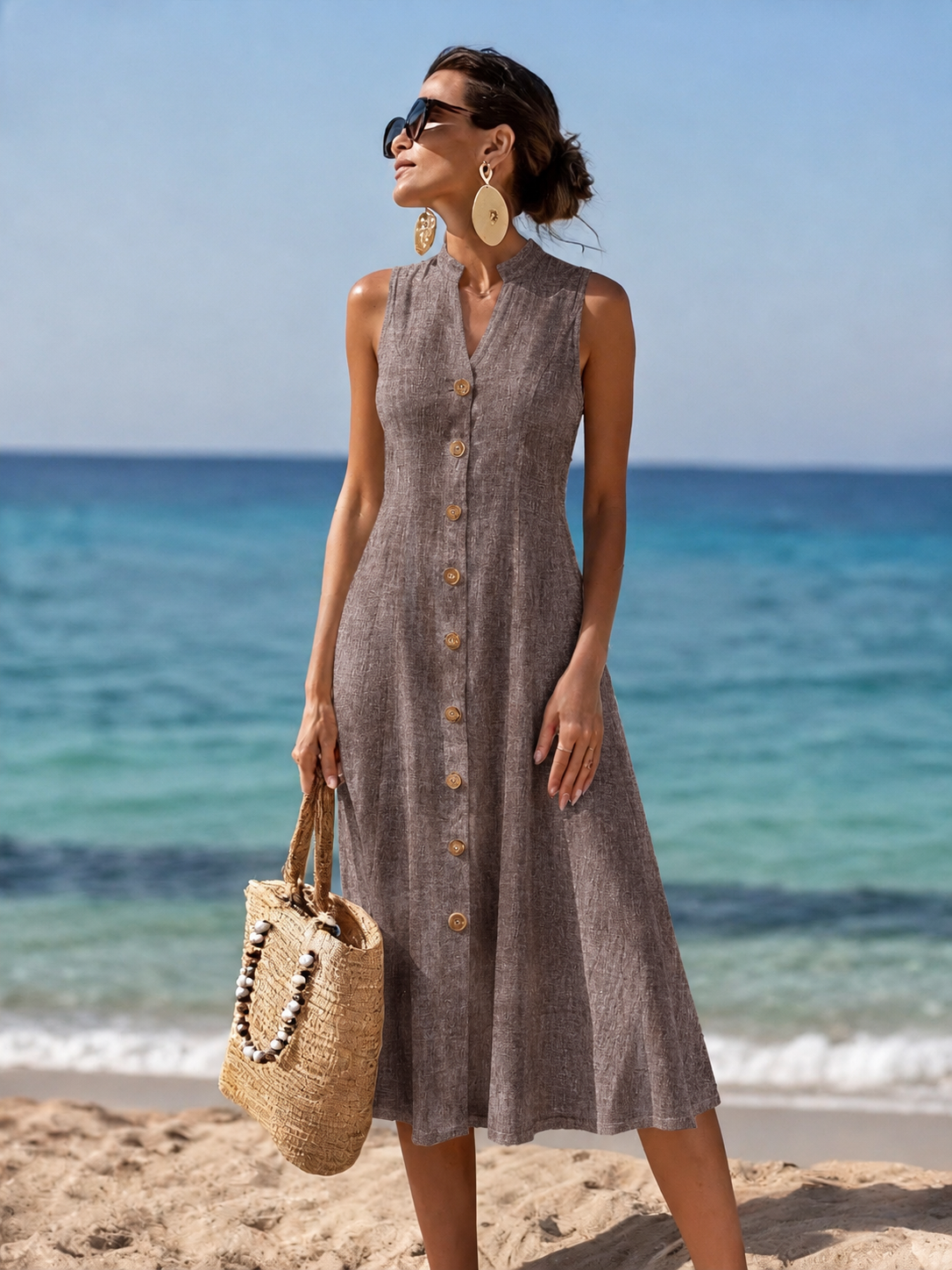 Full-length view of the woman walking in the patterned flowy maxi dress, highlighting its versatile summer appeal.