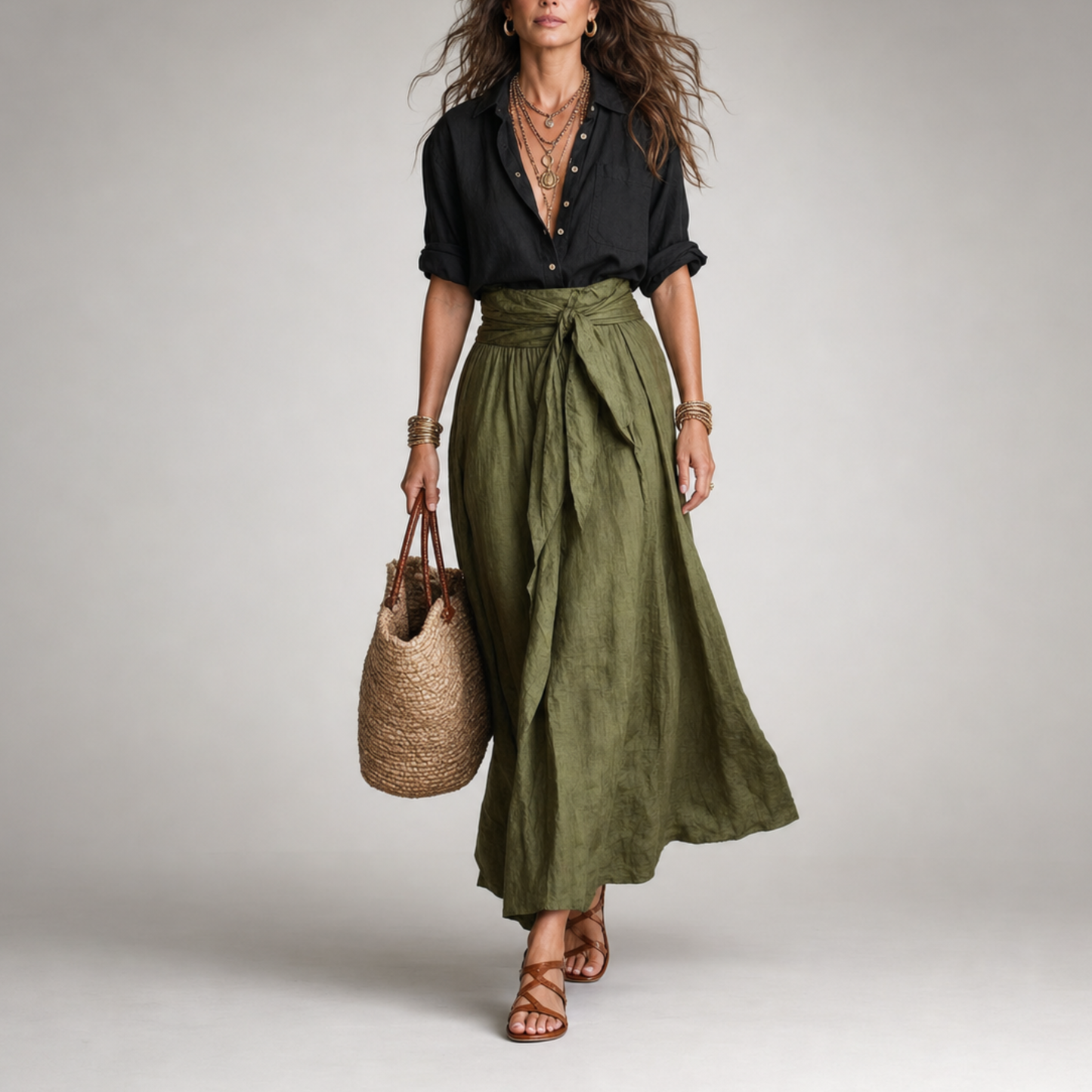 Front view of the Elara black linen shirt and olive midi skirt set, styled casually.