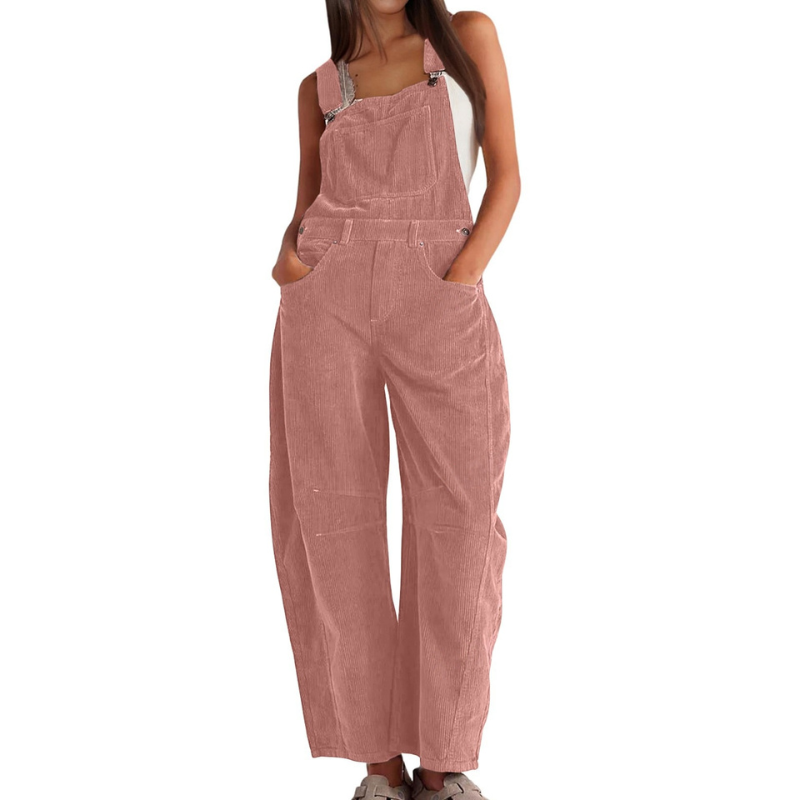 Front view of model wearing a pink Soraya relaxed fit overalls, showcasing the wide-leg design.
