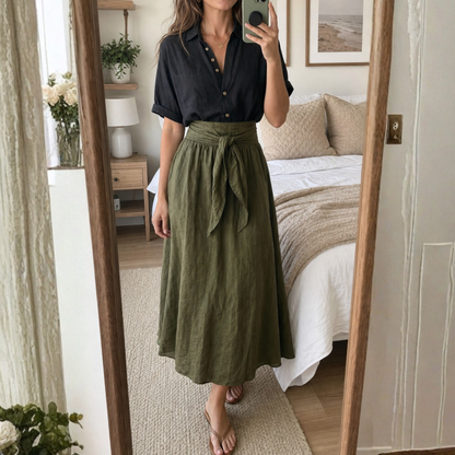 Side profile of a woman wearing the olive green midi skirt, highlighting the tie-waist feature.