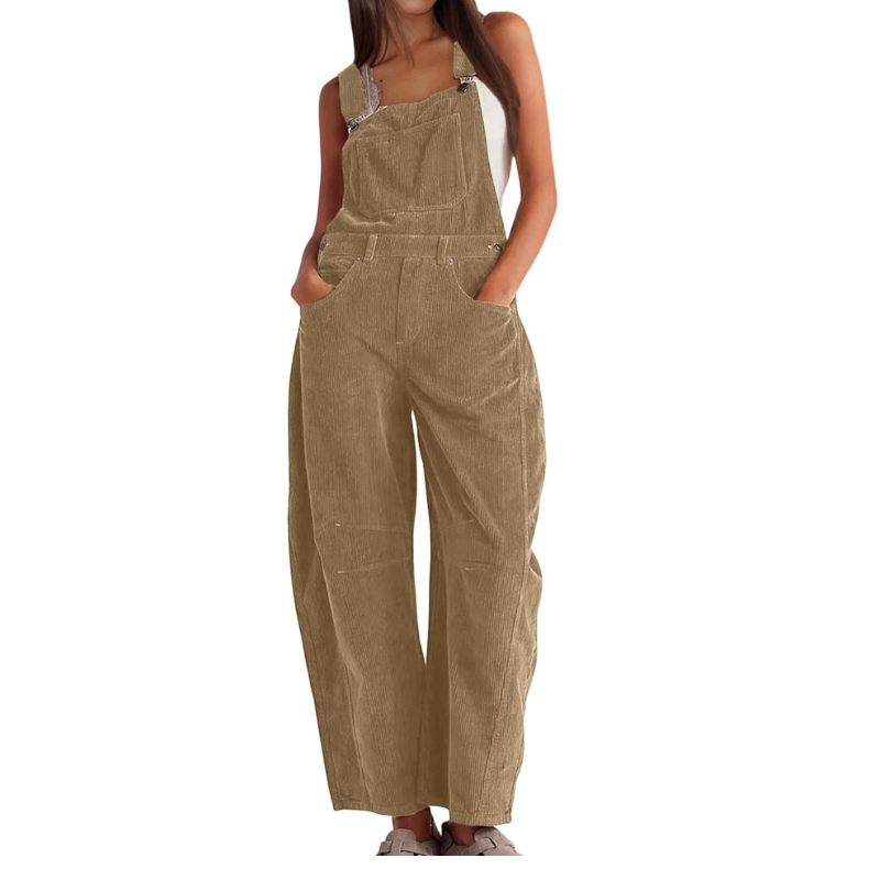 Back view of a model in brown Soraya relaxed fit overalls, demonstrating the flowing silhouette.