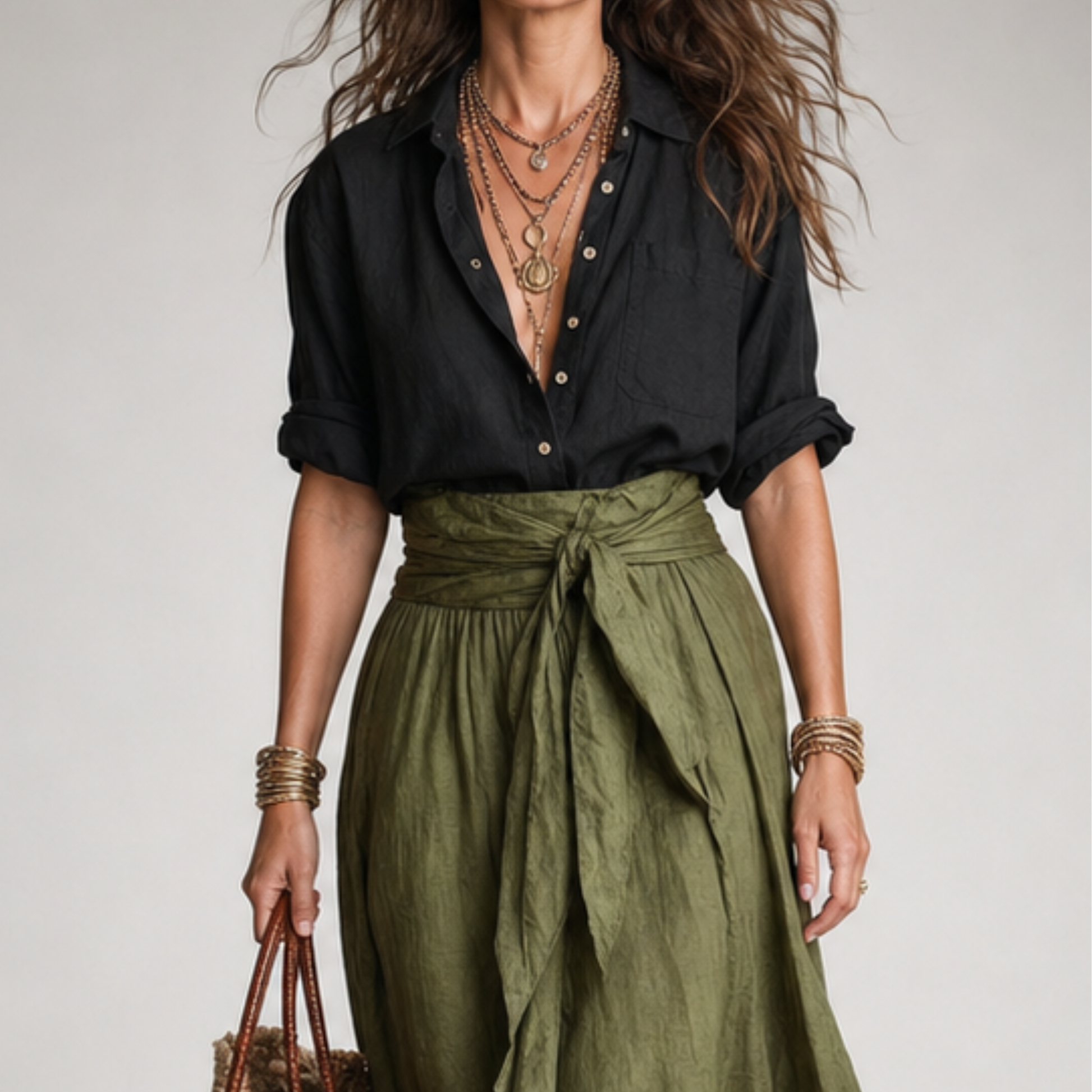 Back view of the complete Elara set, showcasing the flow and drape of the olive midi skirt.