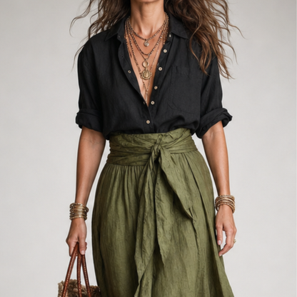 Back view of the complete Elara set, showcasing the flow and drape of the olive midi skirt.