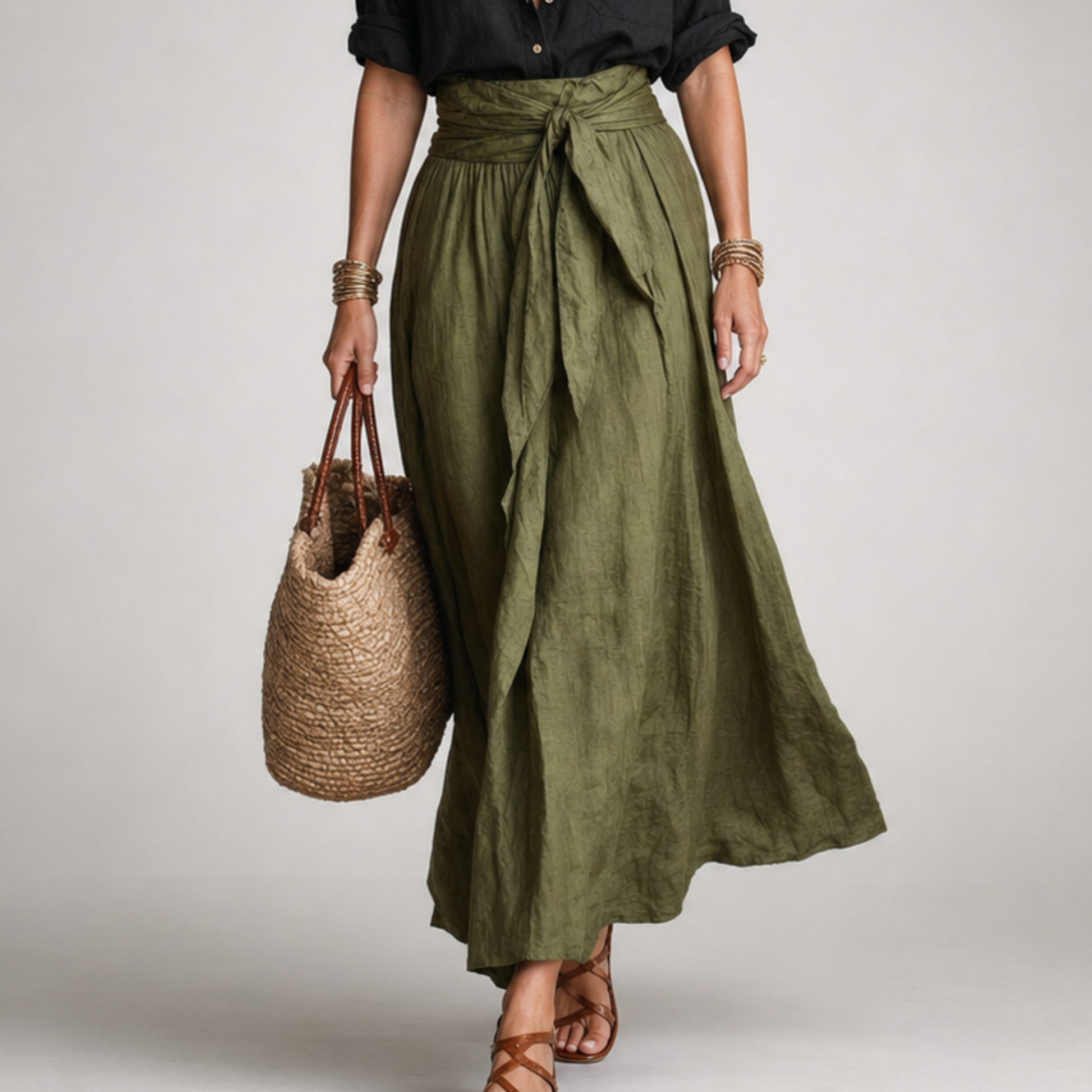 Lifestyle shot of the comfortable black linen shirt paired with the olive midi skirt, worn outdoors.
