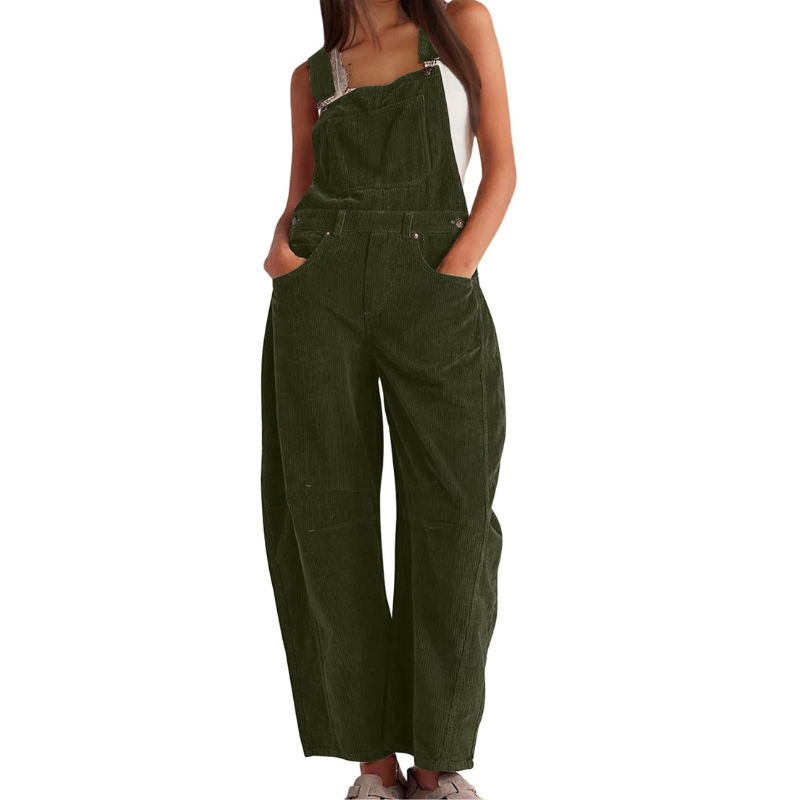 Lifestyle image of a woman sitting outdoors in gray Soraya relaxed fit overalls, enjoying the comfort.