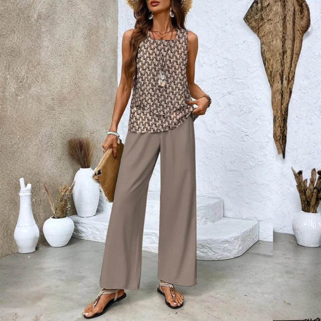 A model walking in the black elegant summer set, demonstrating the movement and comfort of the outfit.