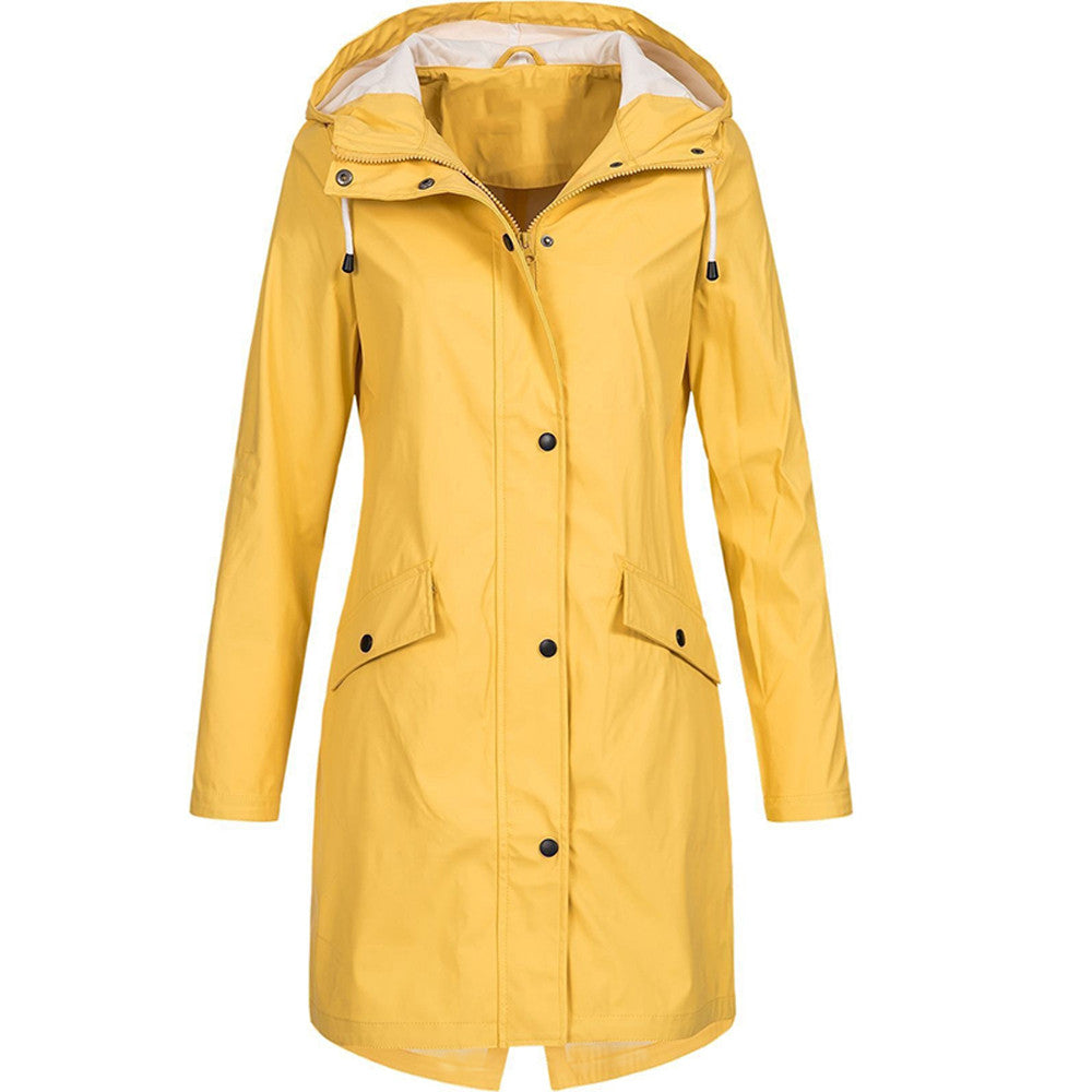 Detail of the zipper and side pocket on a blue chic waterproof jacket, showing functional elements.