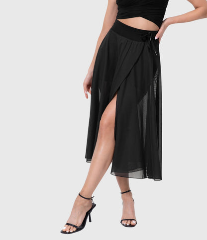 Detail of the violet transformable fluid skirt's integrated shorts, providing coverage and peace of mind.